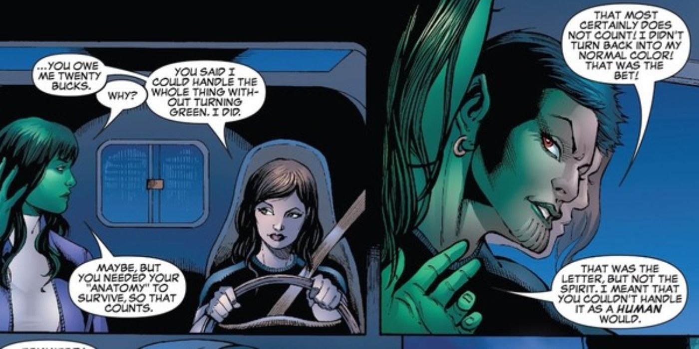 She-Hulk And Jazinda The Skrull talk in Marvel Comics.