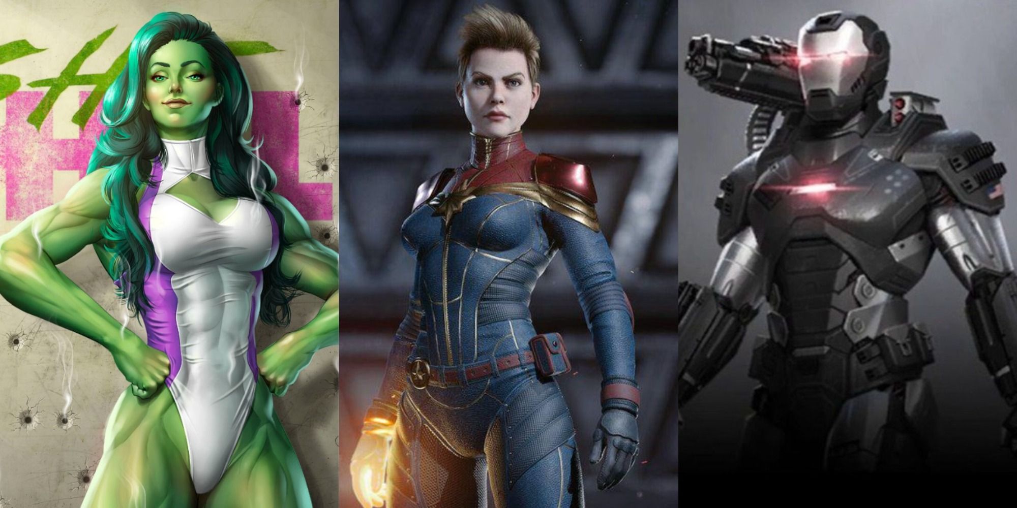 She-Hulk, Captain Marvel, and War Machine artwork