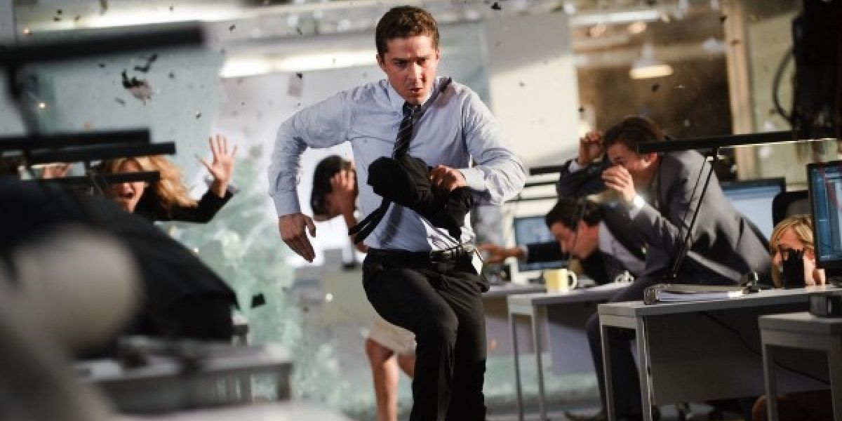 Shia Labeouf running through an office in Transformers Dark of the Moon