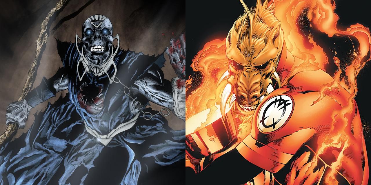 Side-by-side images of Nekron and Larfleeze from the comics