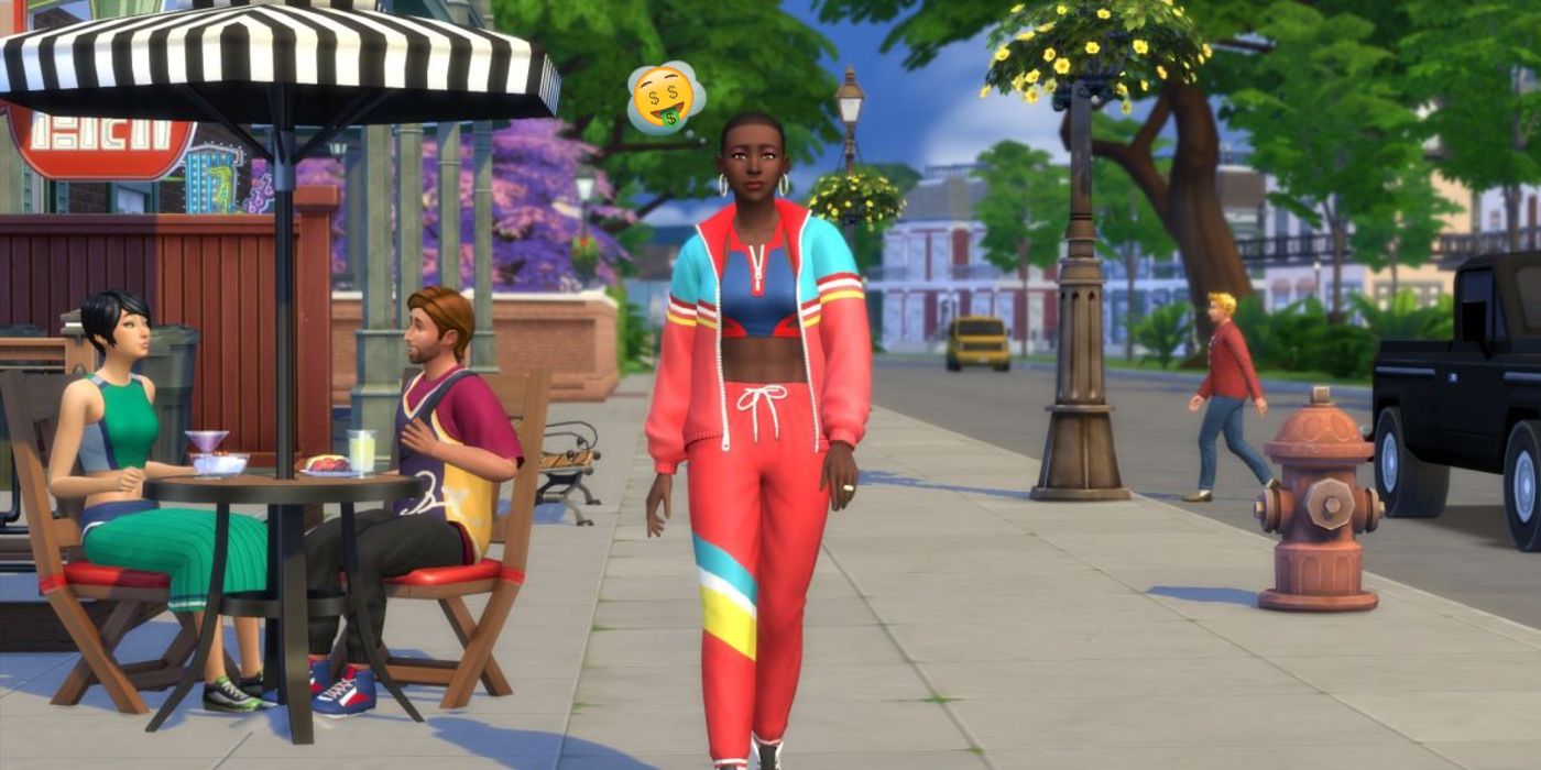 A woman wlaking and thinking of money in The Sims 4