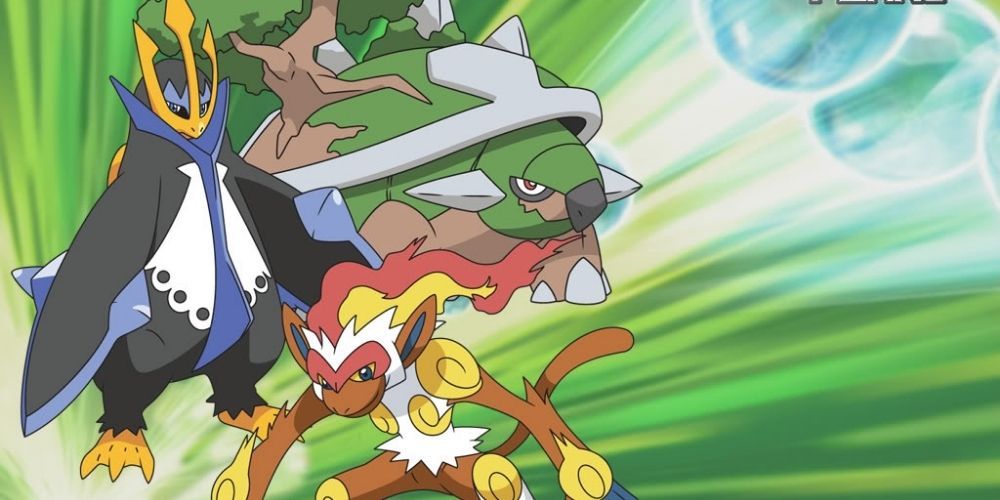Empoleon, Torterra, and Infernape in a promotional image for Pokémon Diamond &amp; Pearl