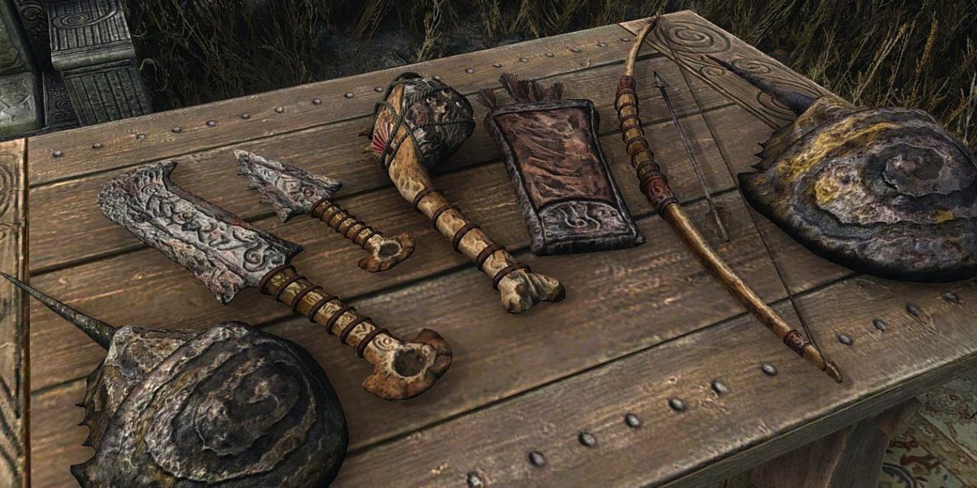 A unique set of rustic weapons for use in Skyrim