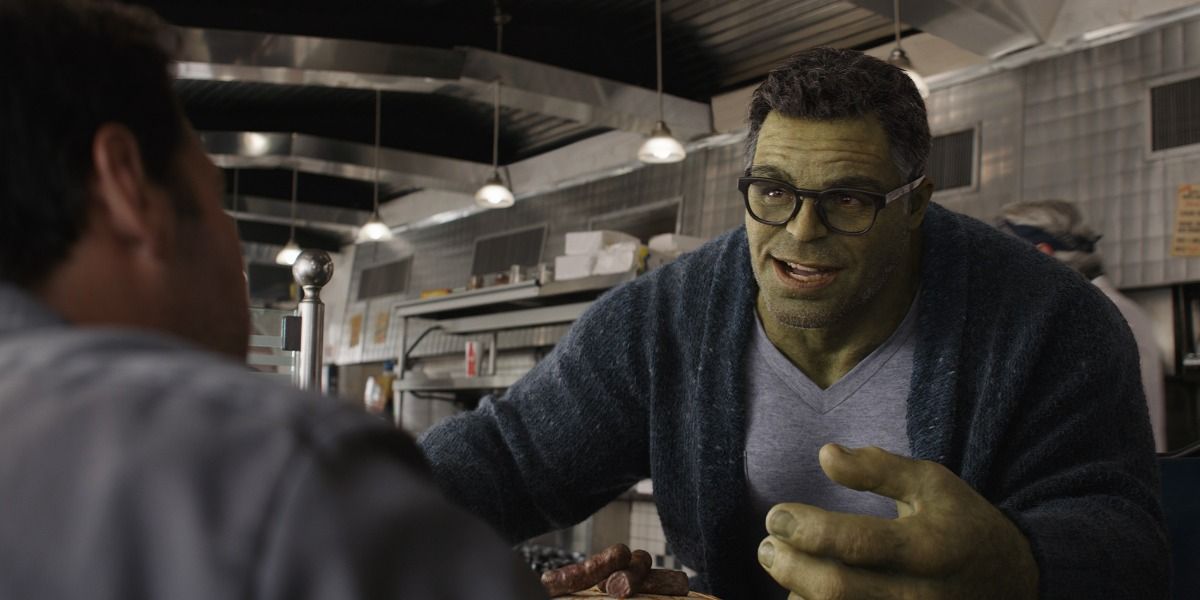 An image of the Hulk talking to the other Avengers at a diner in Avengers: Endgame