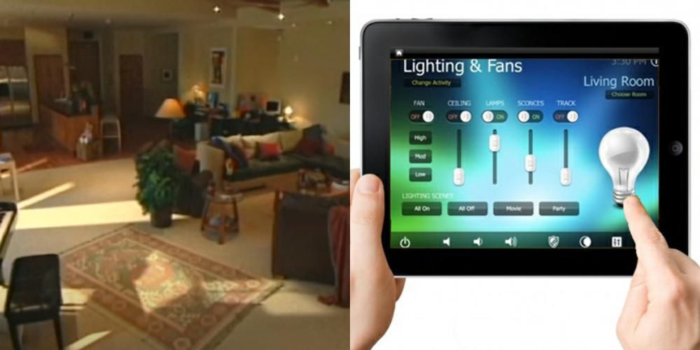 An image of an illuminated living room next to an image of someone using a tablet to control their lighting