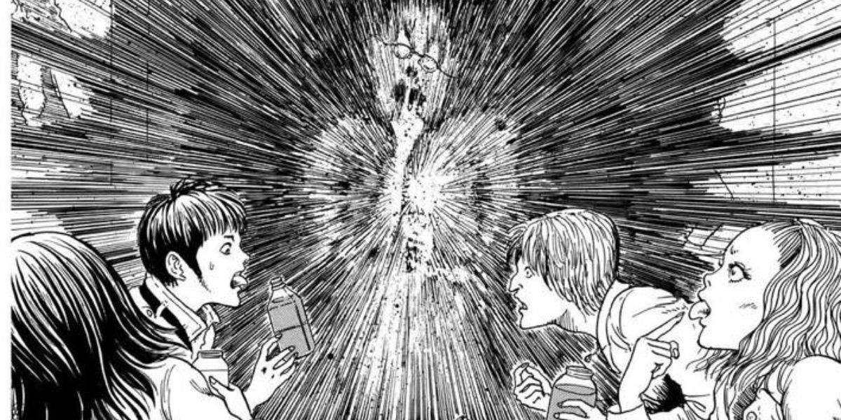 Onlookers stare in shock at a &quot;smashed&quot; body in the Junji Ito short story Smashed