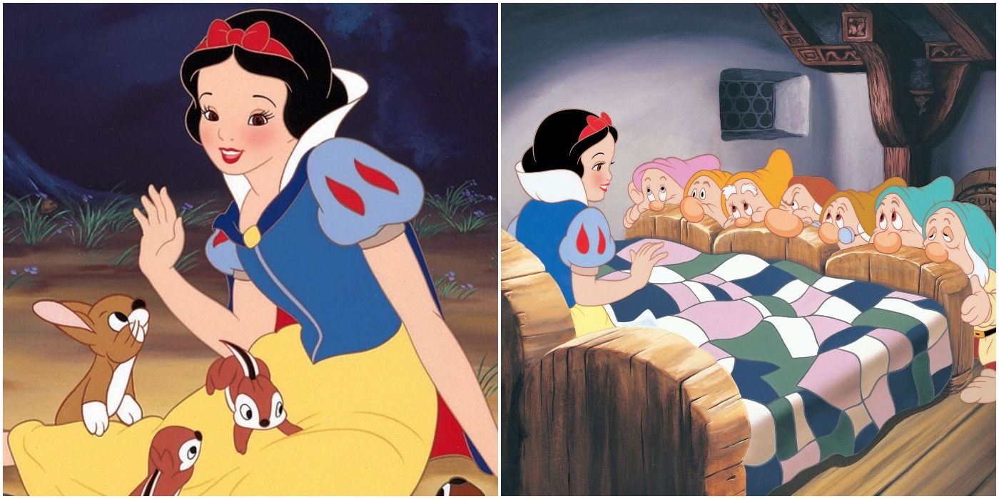 Animated Snow White sitting with forest animals; Snow White with 7 Dwarfs in Disney movie