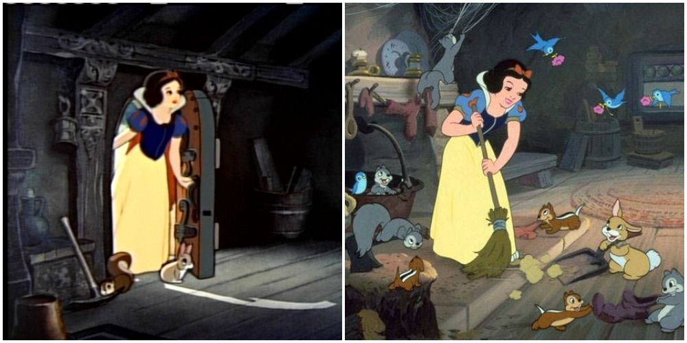 Disney animated Snow White sneaking into the house of the 7 Dwarfs, then sweeping up with the animals