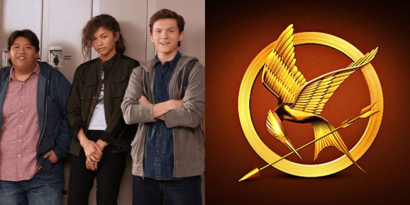 Split image of Spider-Man: Homecoming characters and a Mockingjay symbol