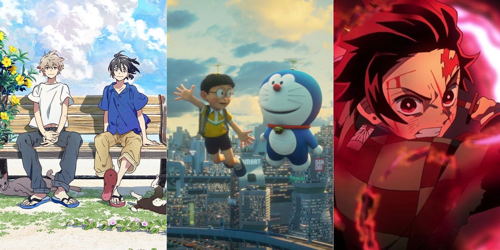 Split image of Stranger by the Beach, Stand by Me Doraemon 2, and Demon Slayer: Mugen Train