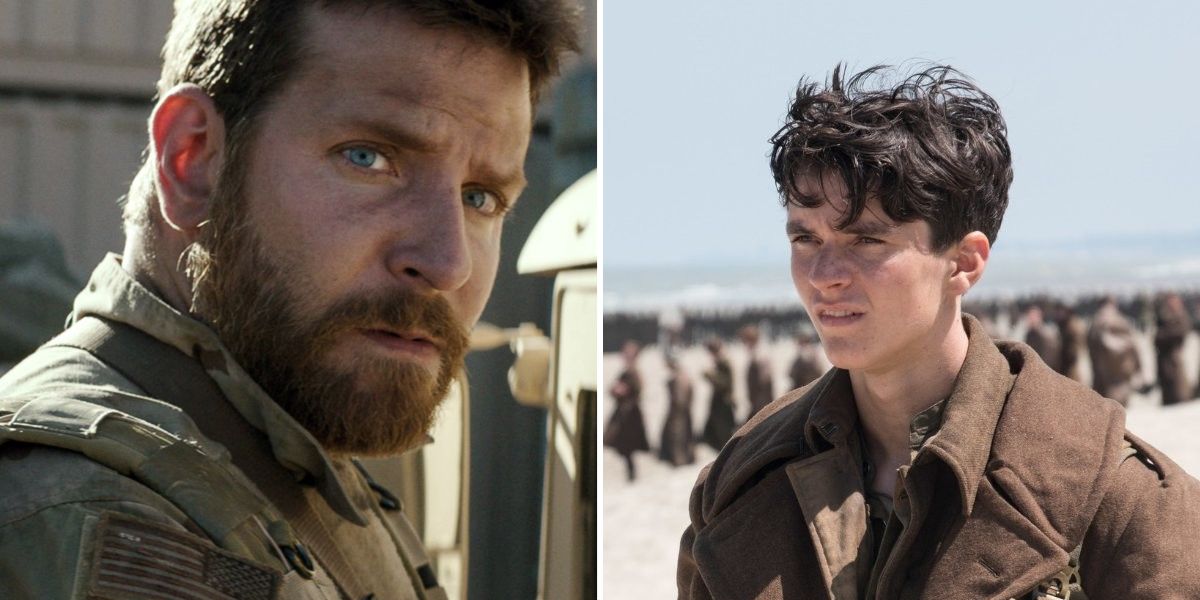 Split feature image of Bradley Cooper from American Sniper and Fionn Whitehead from Dunkirk