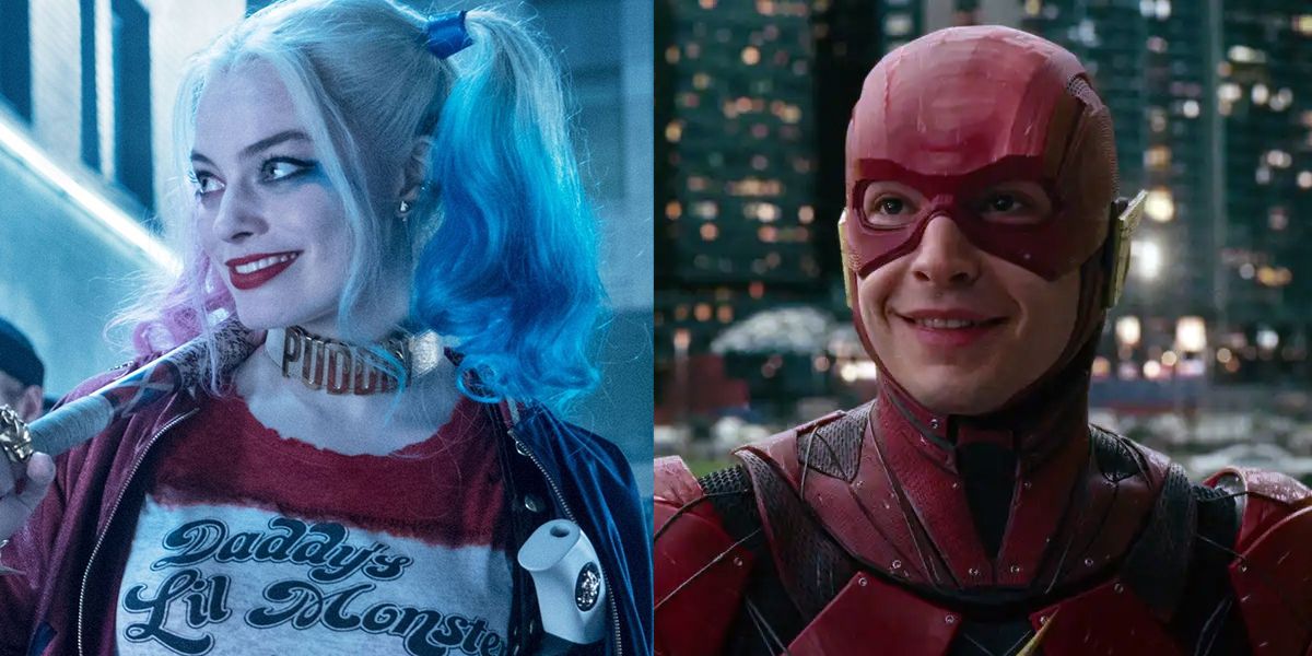 Split feature image of Margot Robbie's Harley Quinn and Ezra Miller's Flash