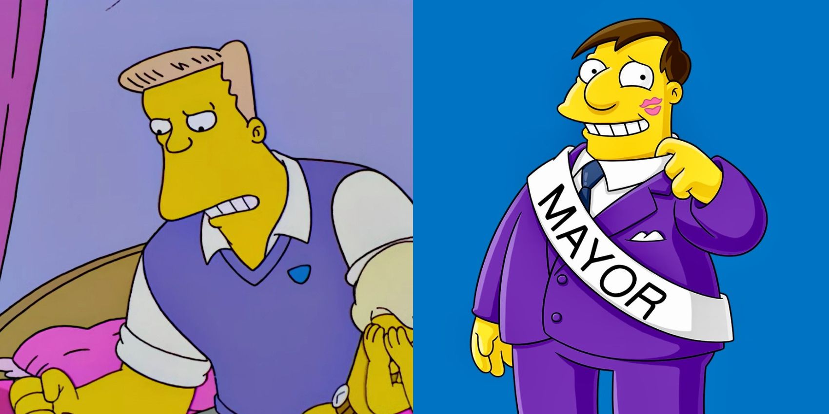 Split feature image of Rainier Wolfcastle and Mayor Quimby