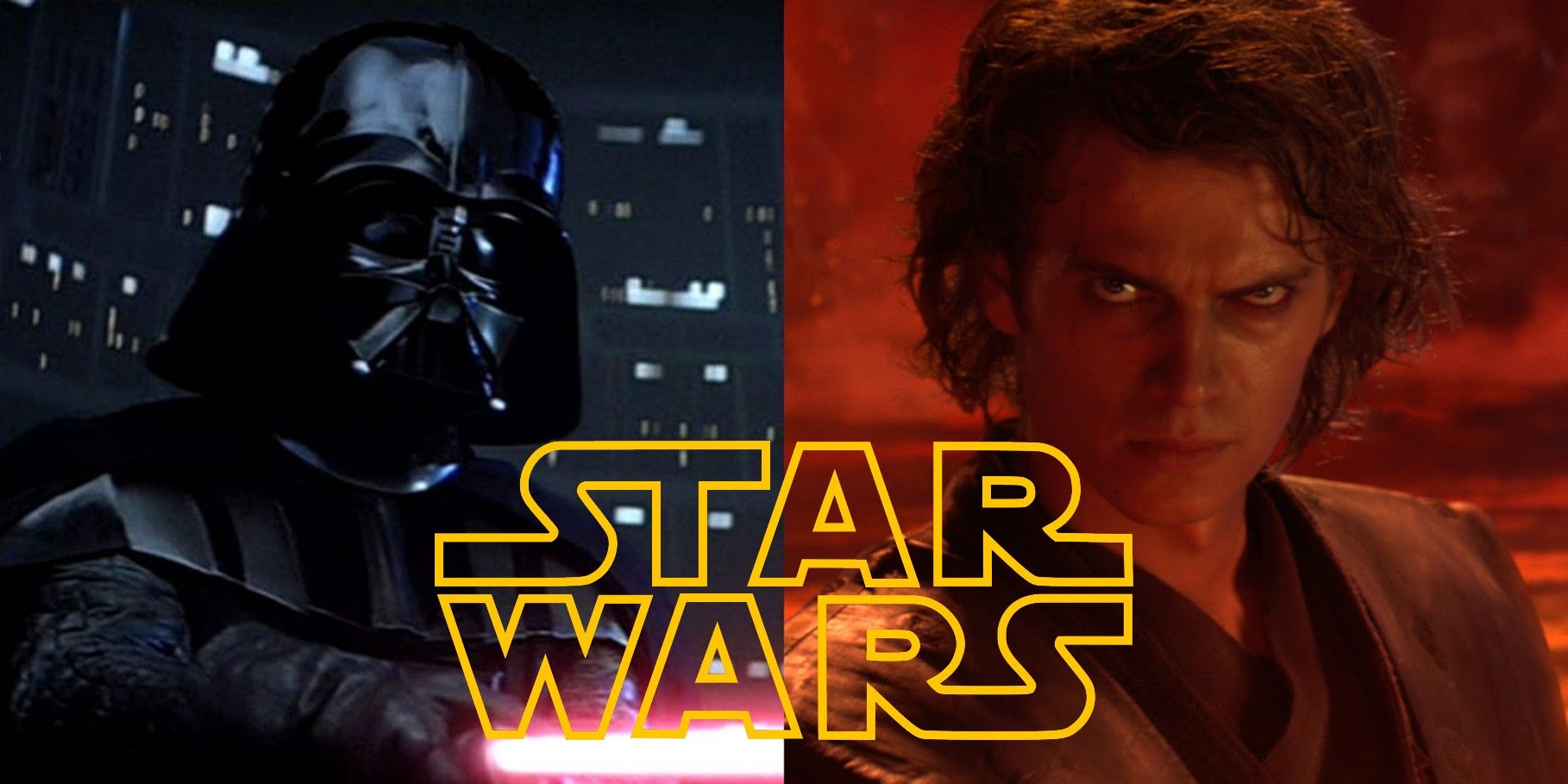 Split image of Darth Vader and Anakin Skywalker in Star Wars with the movie's logo on top