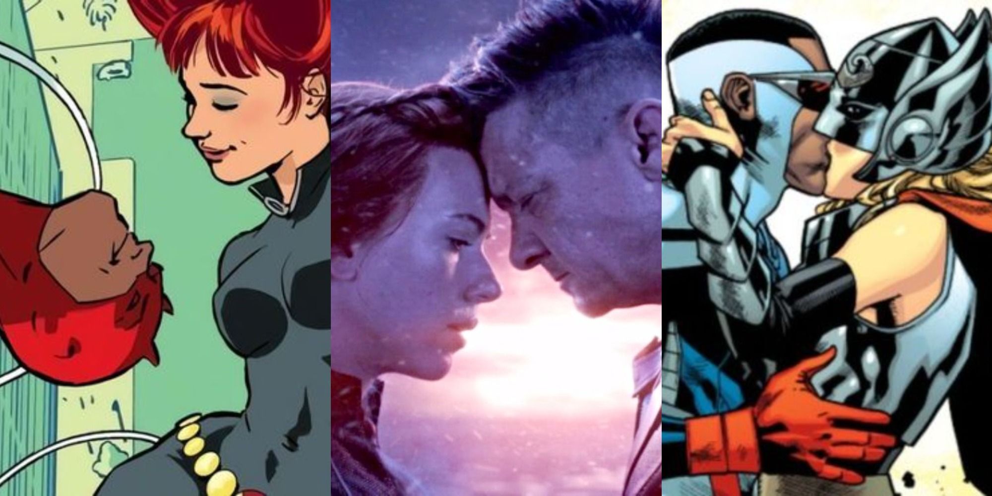 Split image of Hawkeye and Black Widow in Avengers Endgame flanked by comic versions of Black Widdow and Daredevil and Falcon and Jane Foster kissing