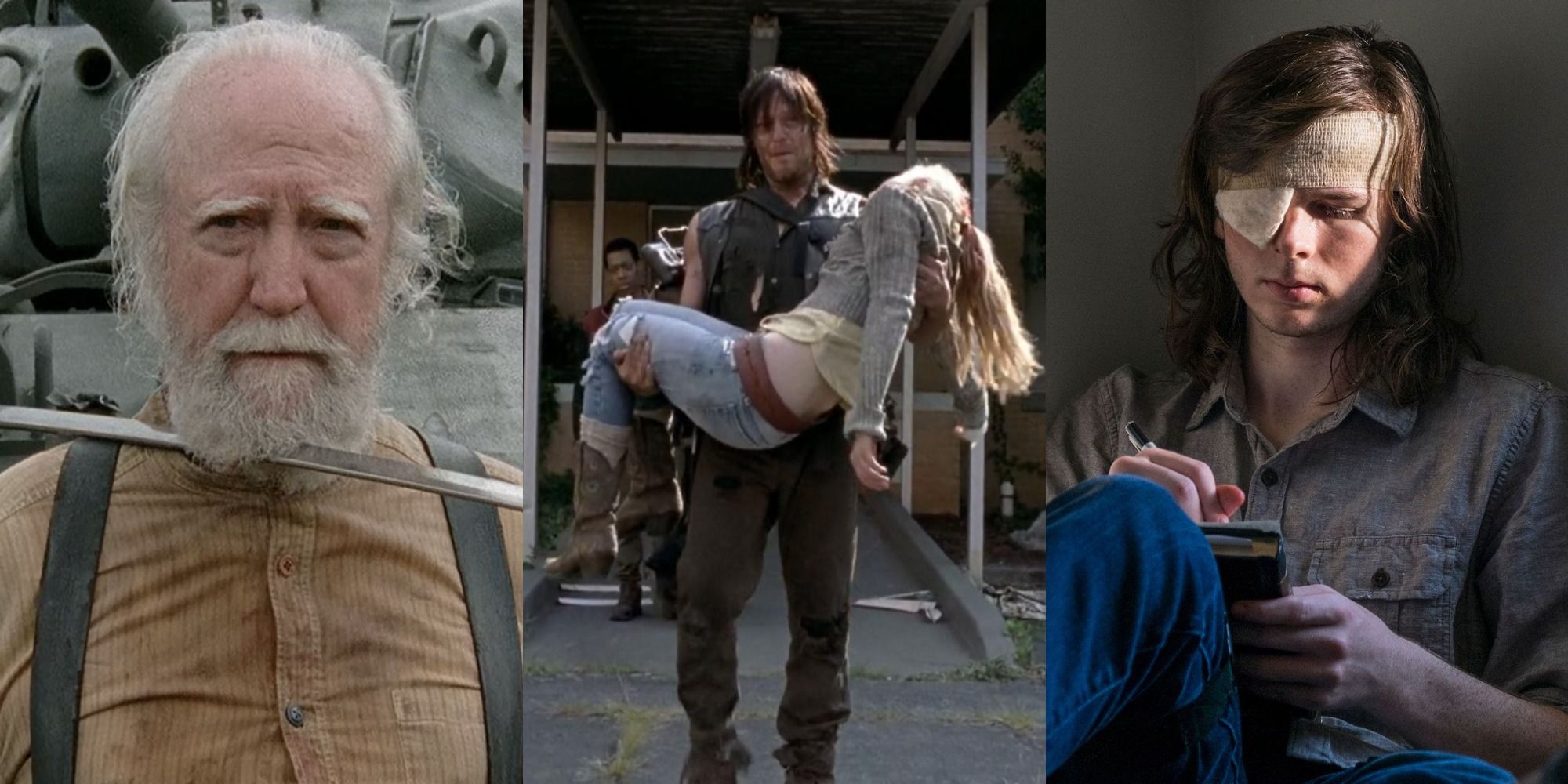 Split image of Hershel, Daryl holding Beth and Carl writing on The Walking Dead