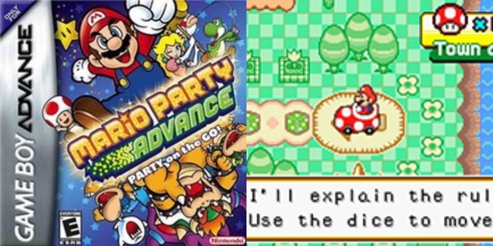 Split image of Mario Party Advance box art next to gameplay of Mario driving