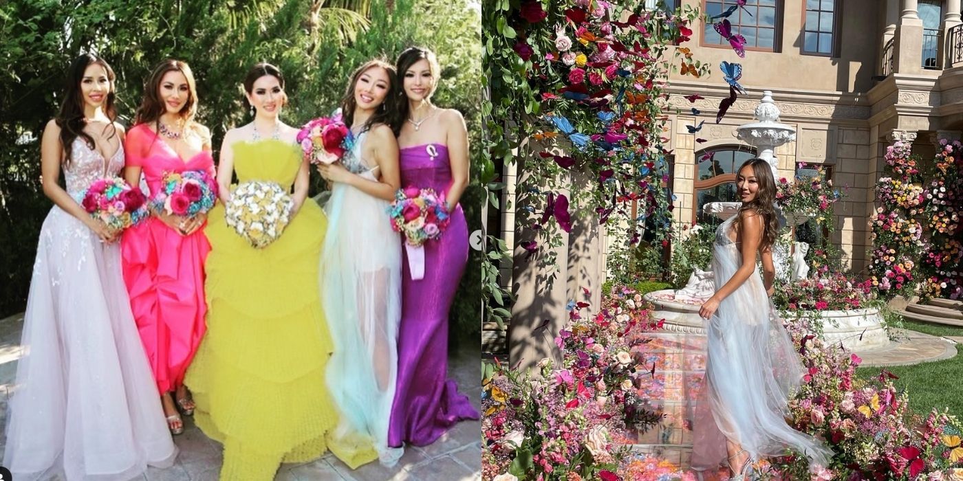 Split image of Mimi Morris vow renewal with Leah Qin on Bling Empire