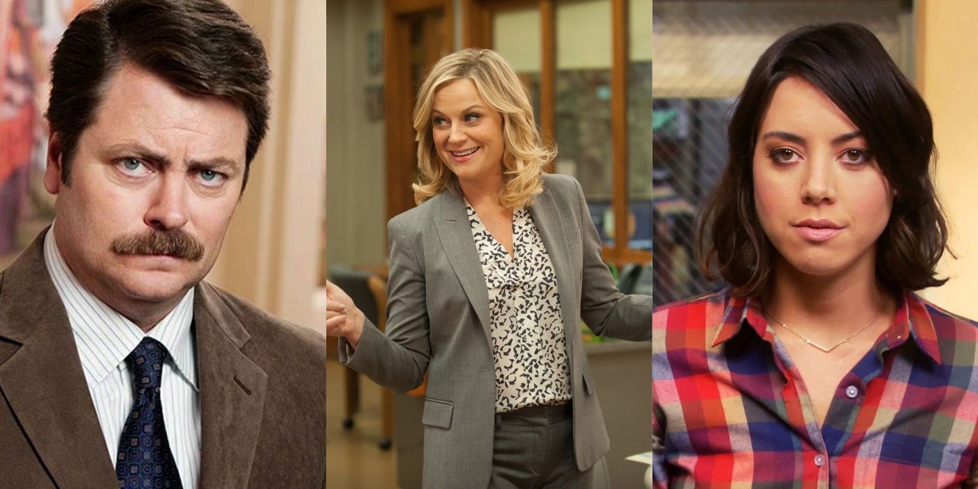Split image showing Ron, Leslie, and April in Parks and Rec