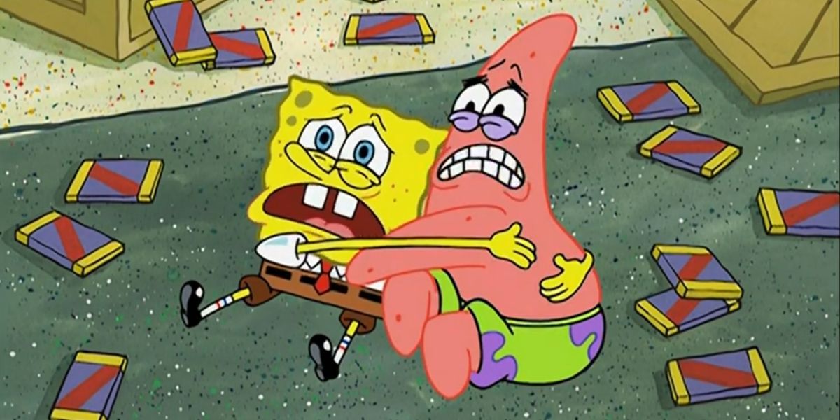 Spongebob and patrick sat on the floor surrounded by chocolate