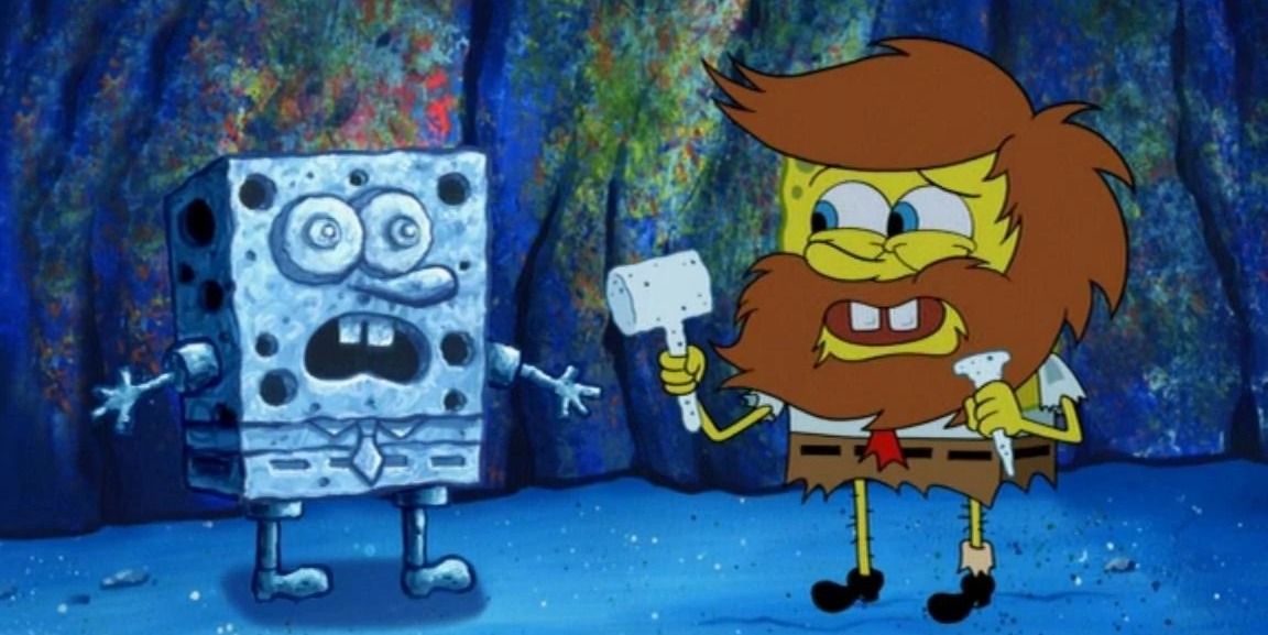 A bearded and hairy SpongeBob carving a stone effigy of himself in the episode SpongeHenge