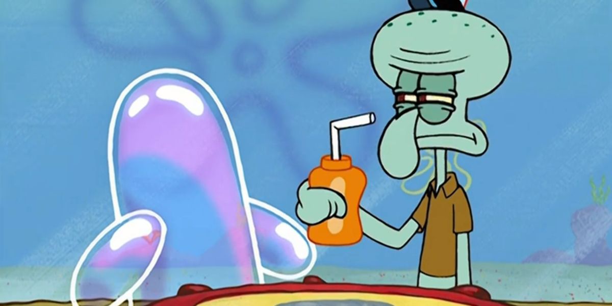 Squidward, holding a drink, staring resentfully at Bubble Buddy in episode of same name