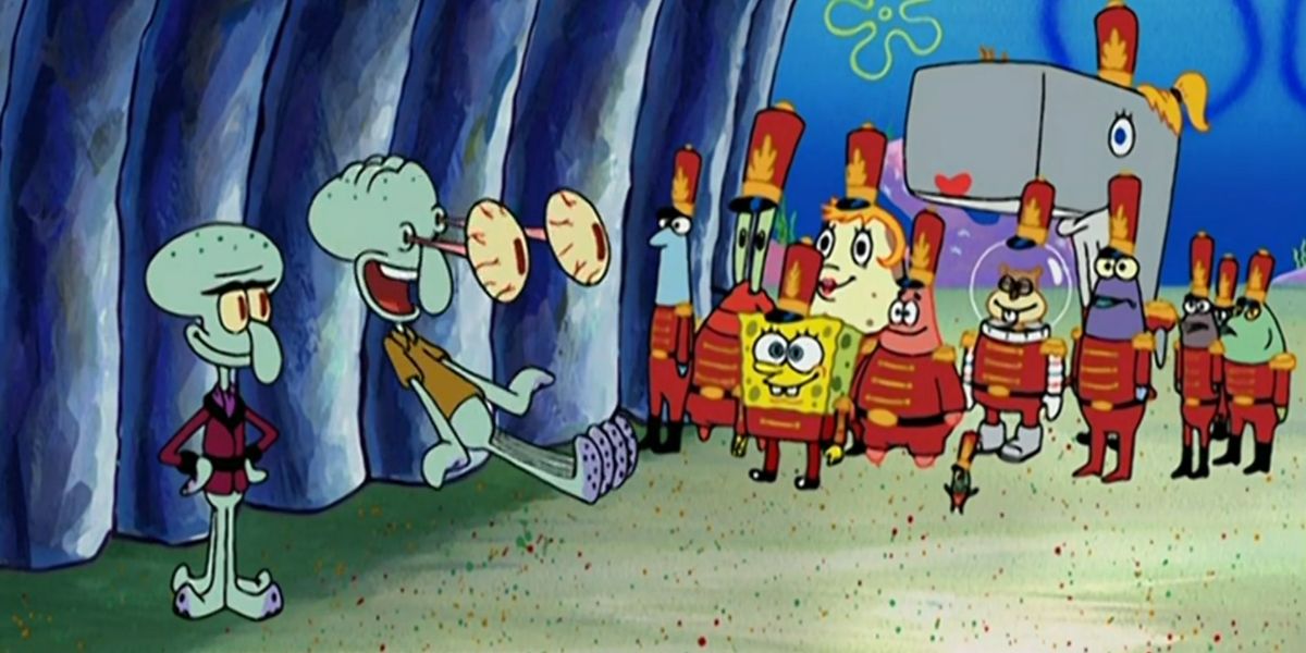 Squidward, next to Squilliam Fancyson, shocked to see SpongeBob and other bandmates in Band Geeks