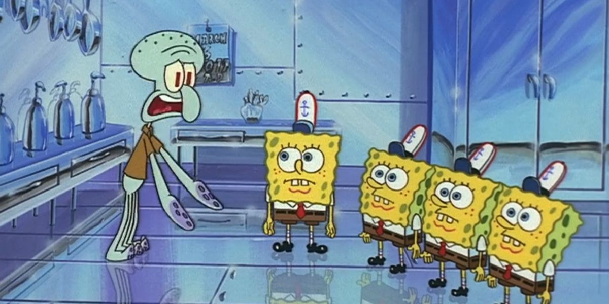Squidward with SpongeBob and SpongeBob clones in SB-129 episode
