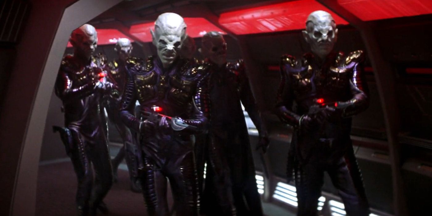 Shinzon's Viceroy and a Reman boarding party on board the Enterprise