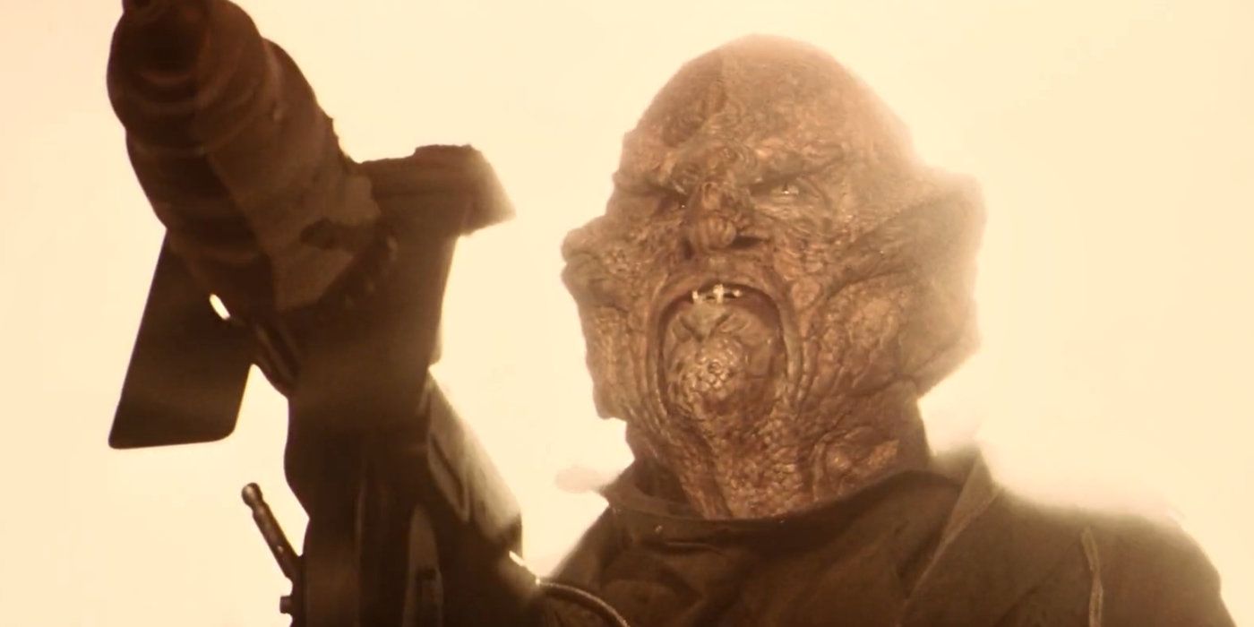 The aliens of Kolarus III attack Picard, Worf and Data