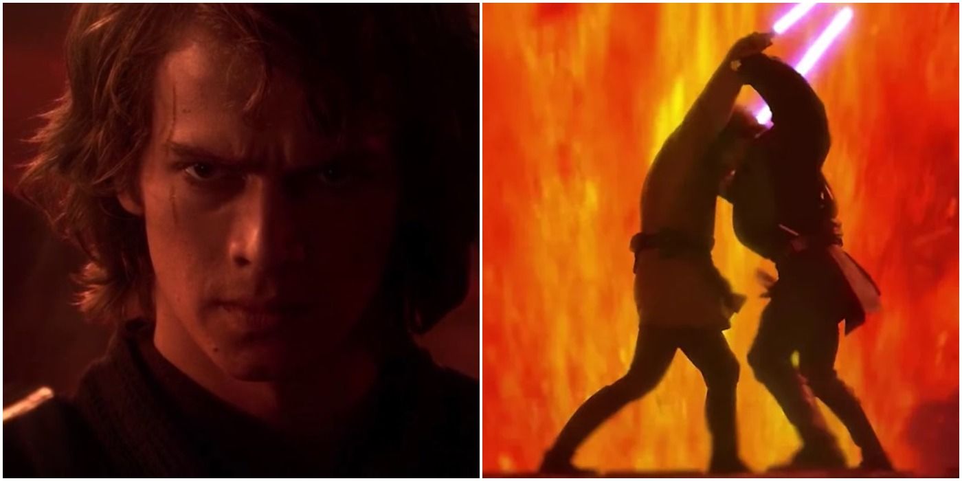 Anakin looking angry/Obi-Wan and Anakin lightsaber dueling with fire in the background