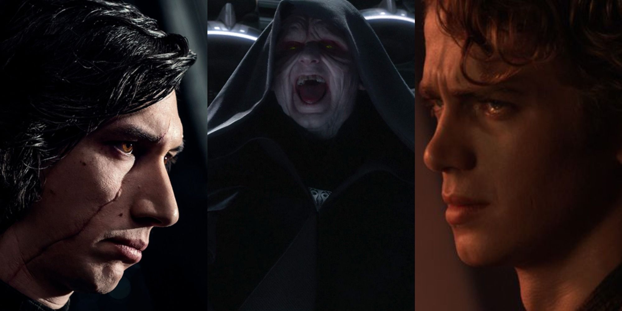 Collage of Kylo Ren's face, Palpatine laughing and Anakin's face