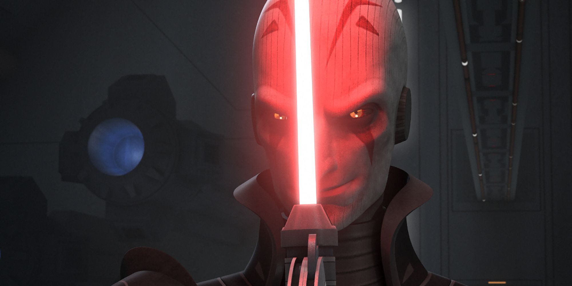 The Grand Inquisitor holding a lightsaber in front of his face in Star Wars Rebels