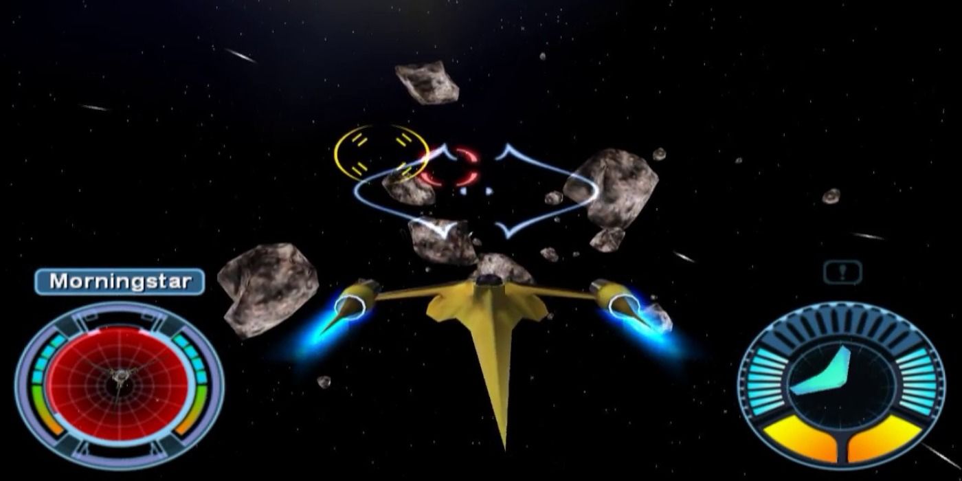 A Naboo Starfighter flying through an asteroid field in Star Wars: Starfighter