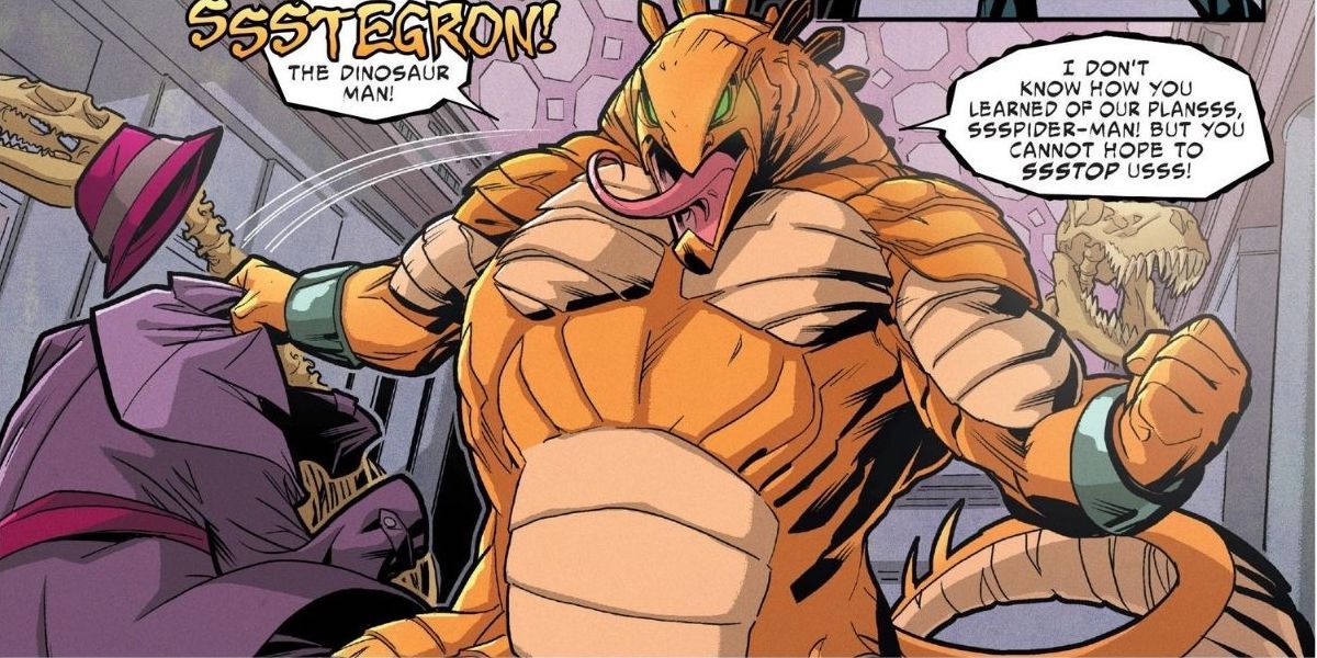 Stegron The Dinosaur Man tosses off a disguise in Marvel comics