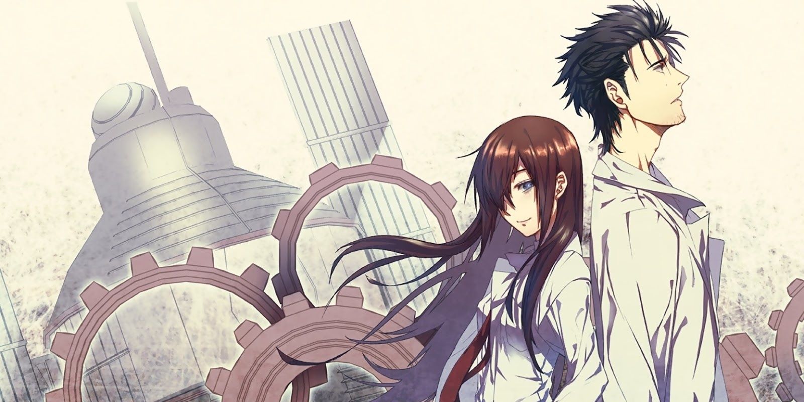 The main characters of Steins;Gate standing back to back