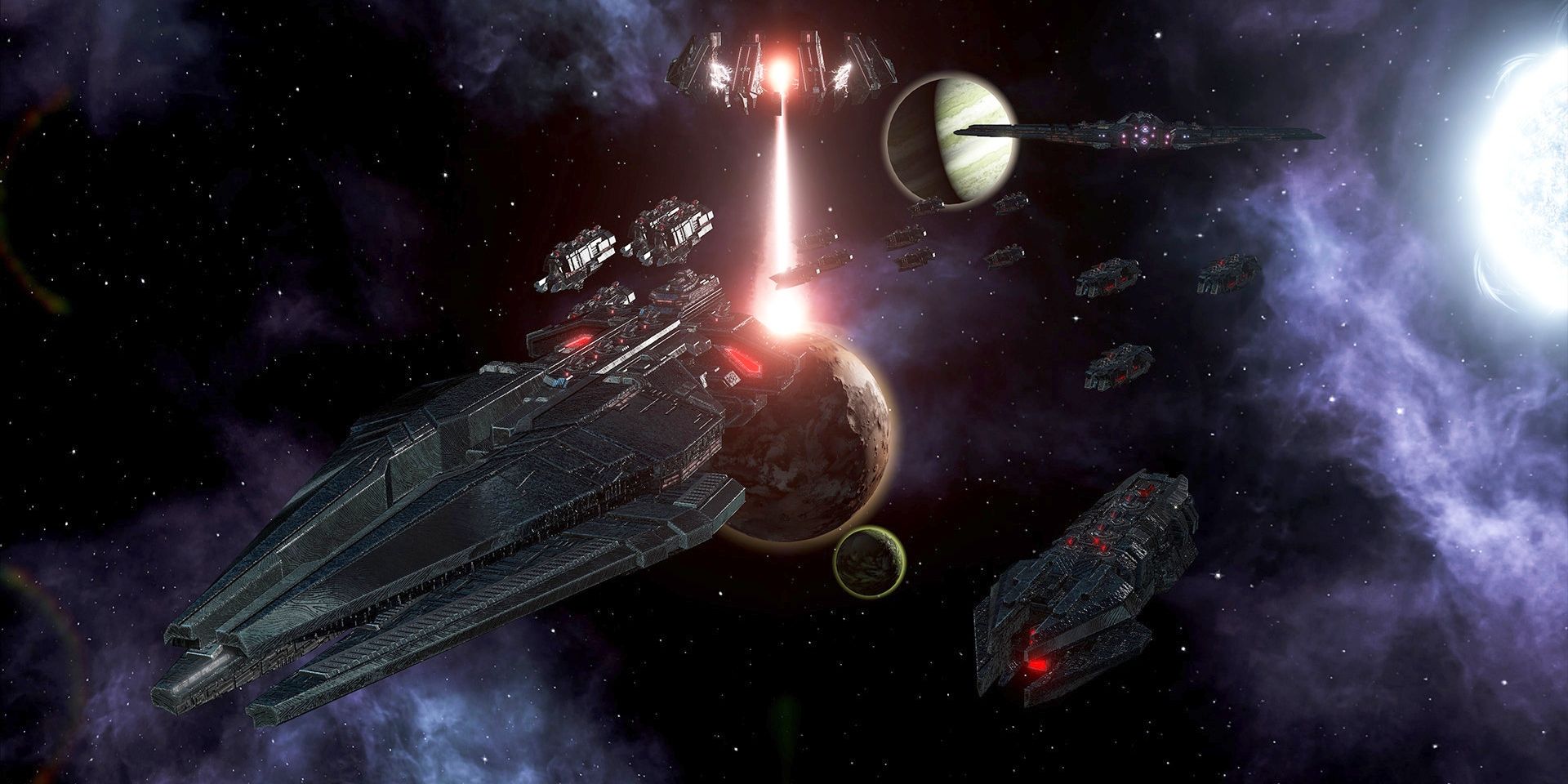 Ships travel through space in the video game Stellaris
