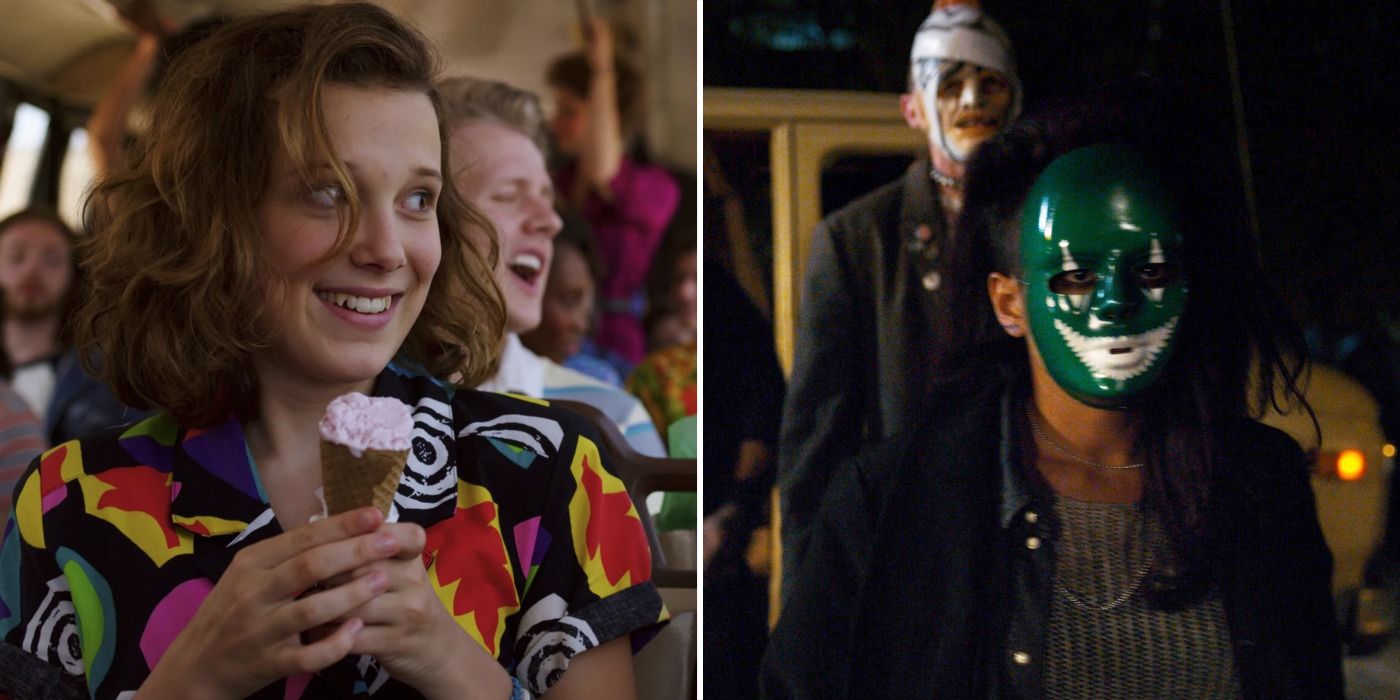 Stranger Things split image featuring Eleven eating ice cream and Kali's gang