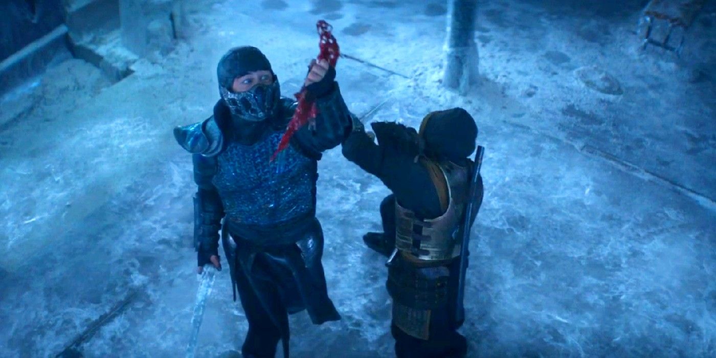 Mortal Kombat's Scorpion about to be stabbed with a blade made of blood.
