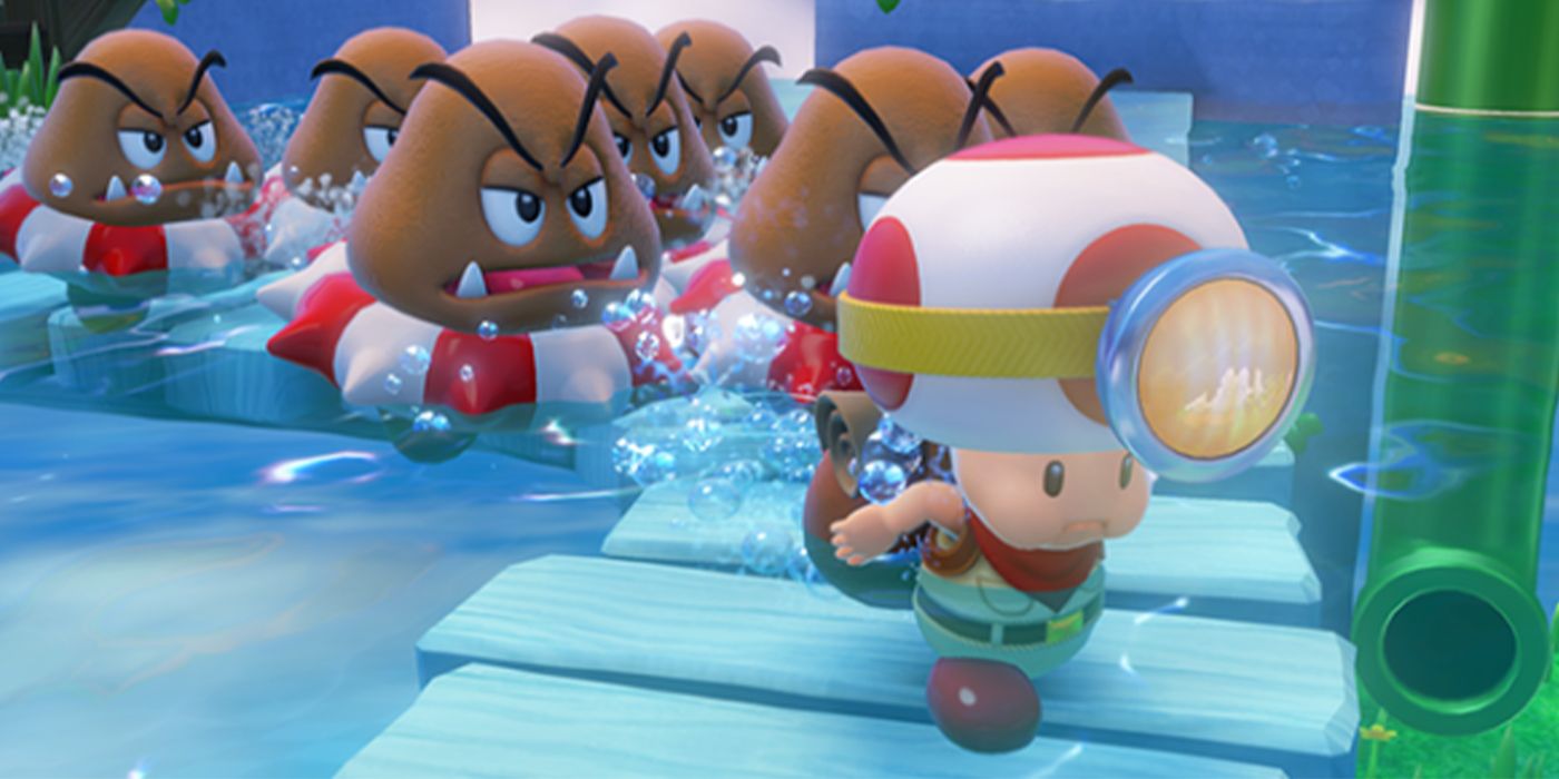 Captain Toad and some goombas