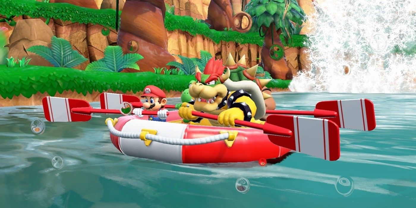 Mario and Bowser in a raft for the River Survival minigame in Super Mario Party