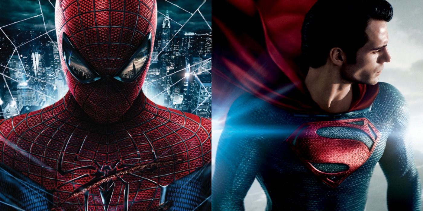 Left is the poster from The Amazing Spider-Man movie showing a dark Spider-Man, right is the poster from Man of Steel with Superman looking to the right