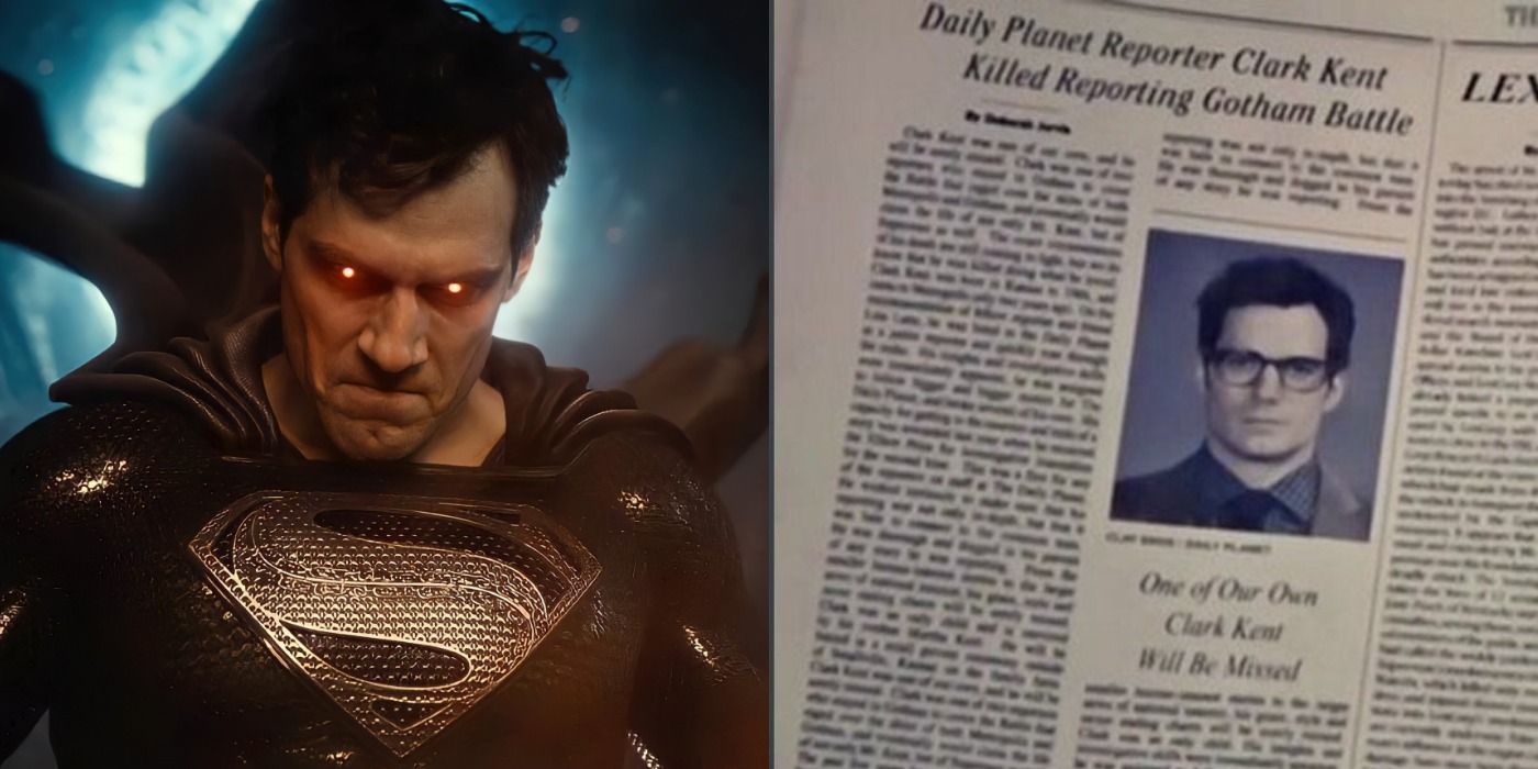 Left is Henry Cavill as the Black Suited Superman with glowing eyes, right is Clark Kent's obituary from the Daily Planet