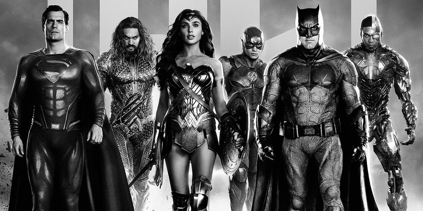 Poster from Zack Snyder's Justice League showing the team in black and white