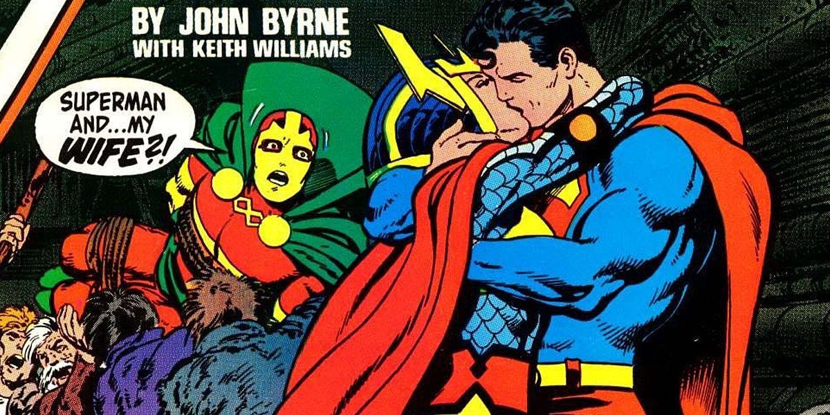 Superman kisses Big Barda as her husband Mister Miracle is dragged away.