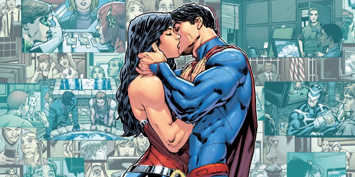 Superman kisses Wonder Woman as the DC Universe plays out in the background.