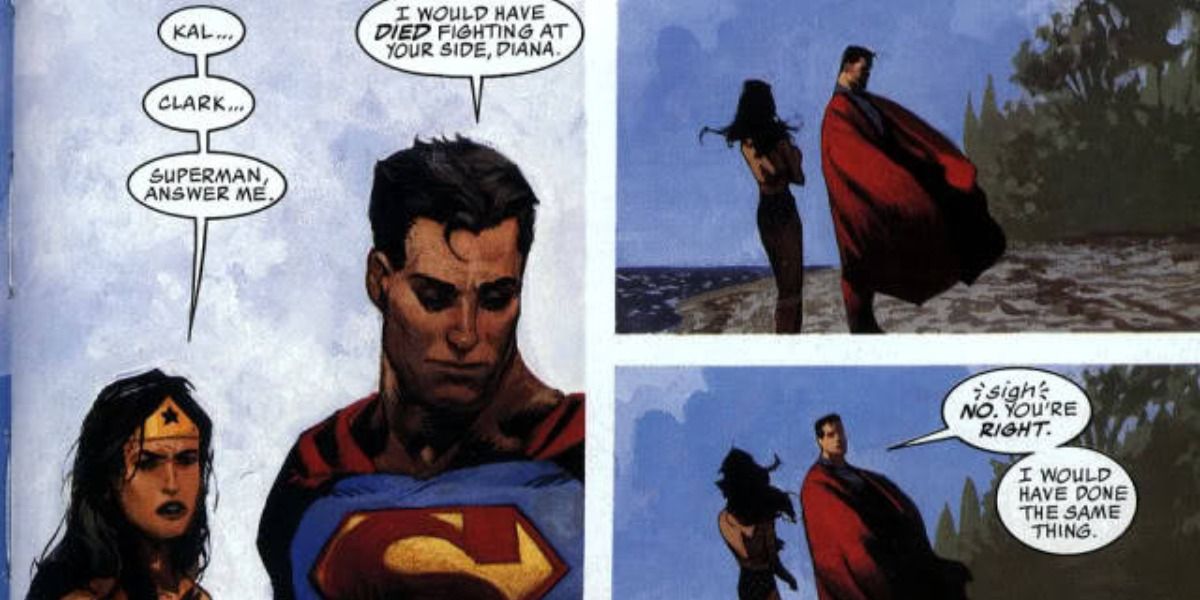 Superman and Wonder Woman discuss the latter's betrayal of The Justice League.