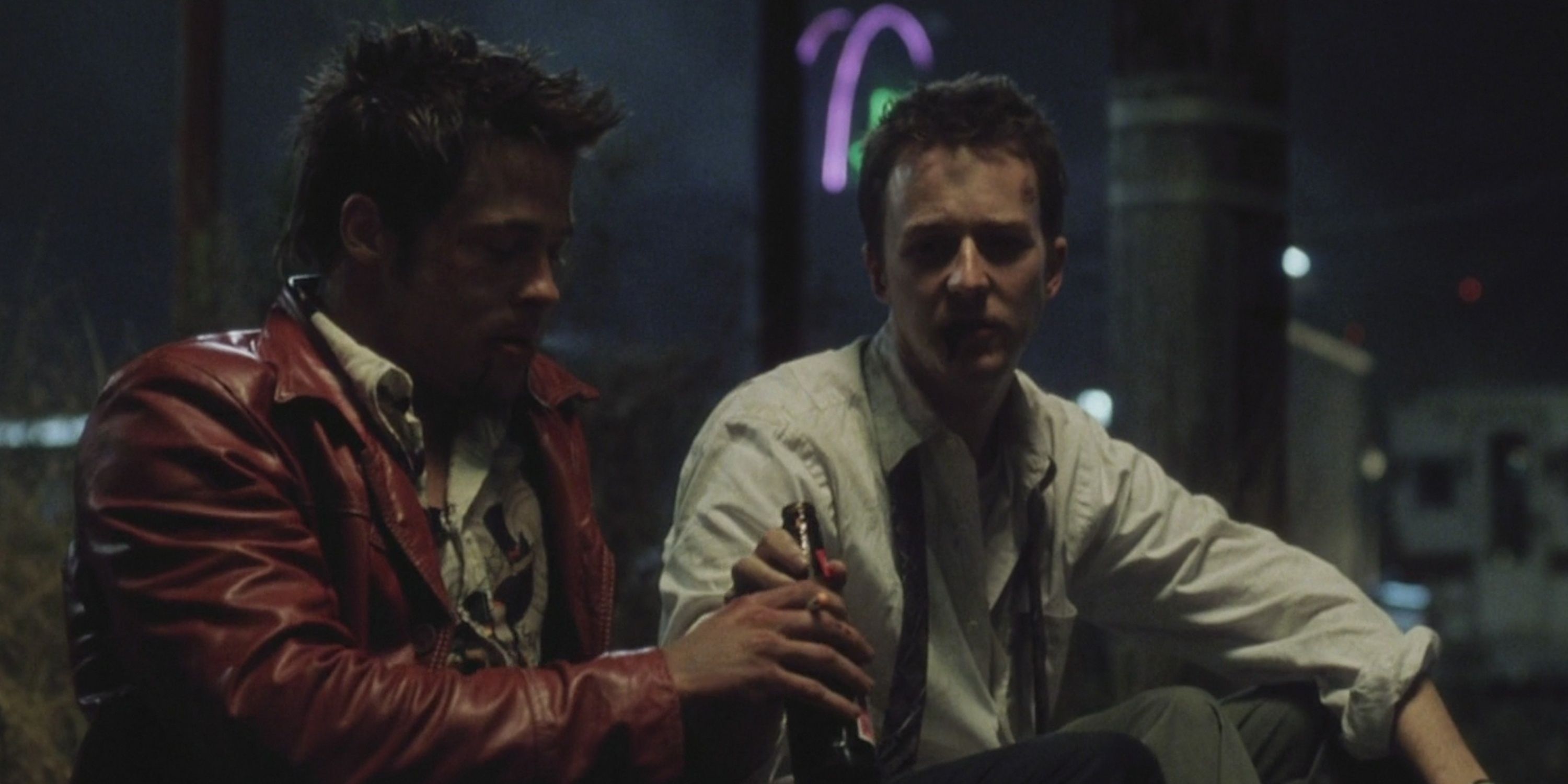 Tyler and the Narrator share a beer in Fight Club