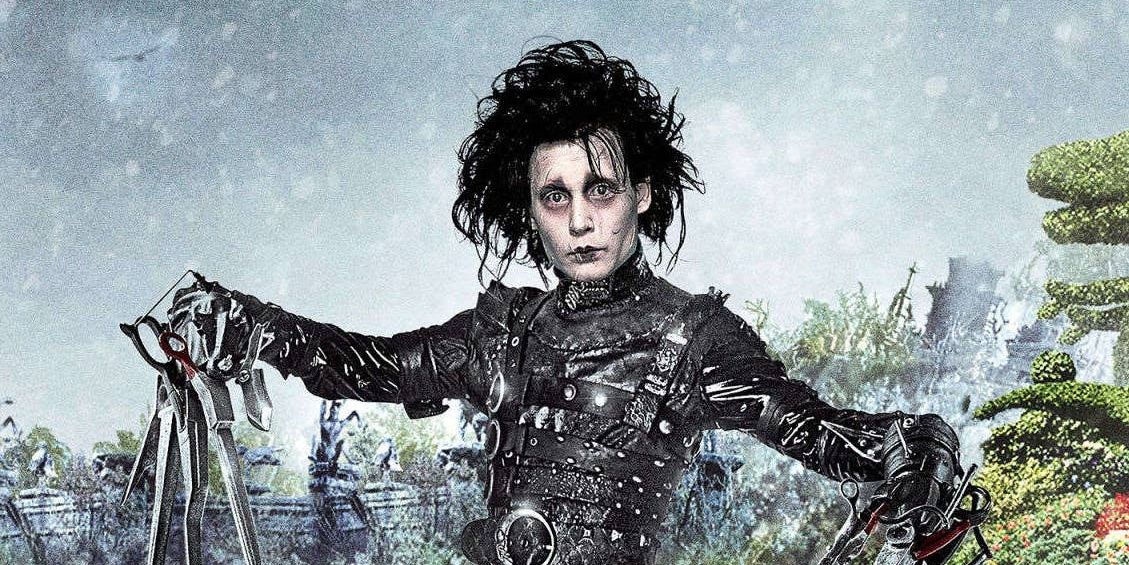 Edward Scissorhands in illustrated picture with arms outstretched looking sad.