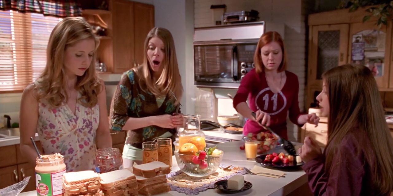 Tara gasps at Buffybot's sandwiches in Bargaining Part 1 as Willow cooks for Dawn in Buffy's kitchen